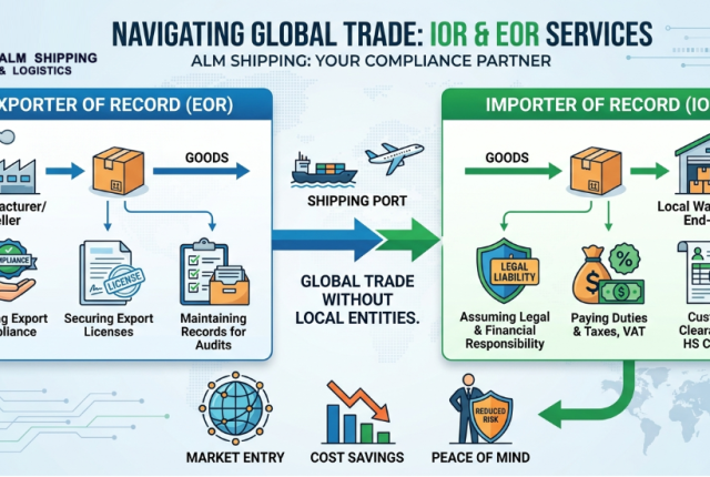 Infographic showing IOR and EOR compliance flow in global trade for ALM Shipping.